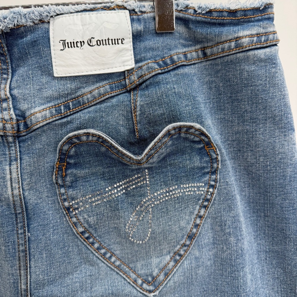 Y2K Juicy Couture Denim Midi Skirt Size 14 Heart Rhinestone Pockets Raw Hem Blue - Picture 2 of 9